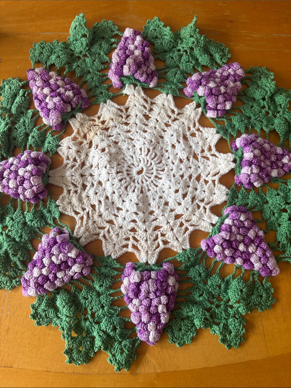 Handmade Crochet Grape Doily — Purple, Green & Cream